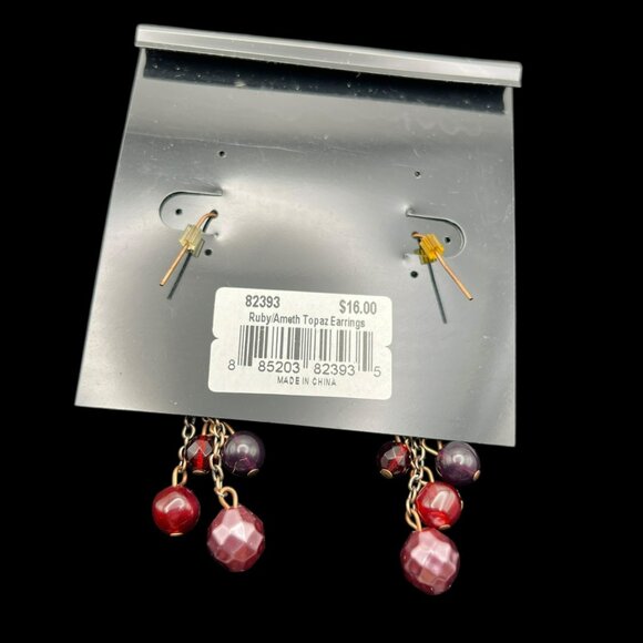 Vintage Cookie Lee Earrings Dangle Beads Crystal Pink Red Brass Tone NEW - Picture 5 of 6